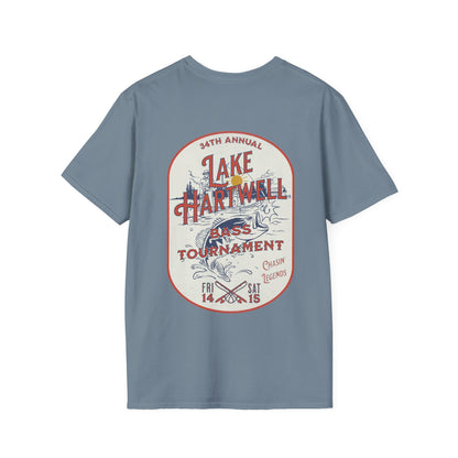 Back view of the Reelfly Outdoors Lake Hartwell Bass Tournament T-Shirt in the color Stone Blue.  