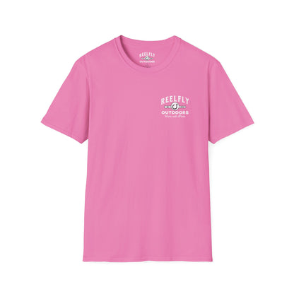 Front view of the Reelfly Outdoors Lake Hartwell T-Shirt in the color Azalea.