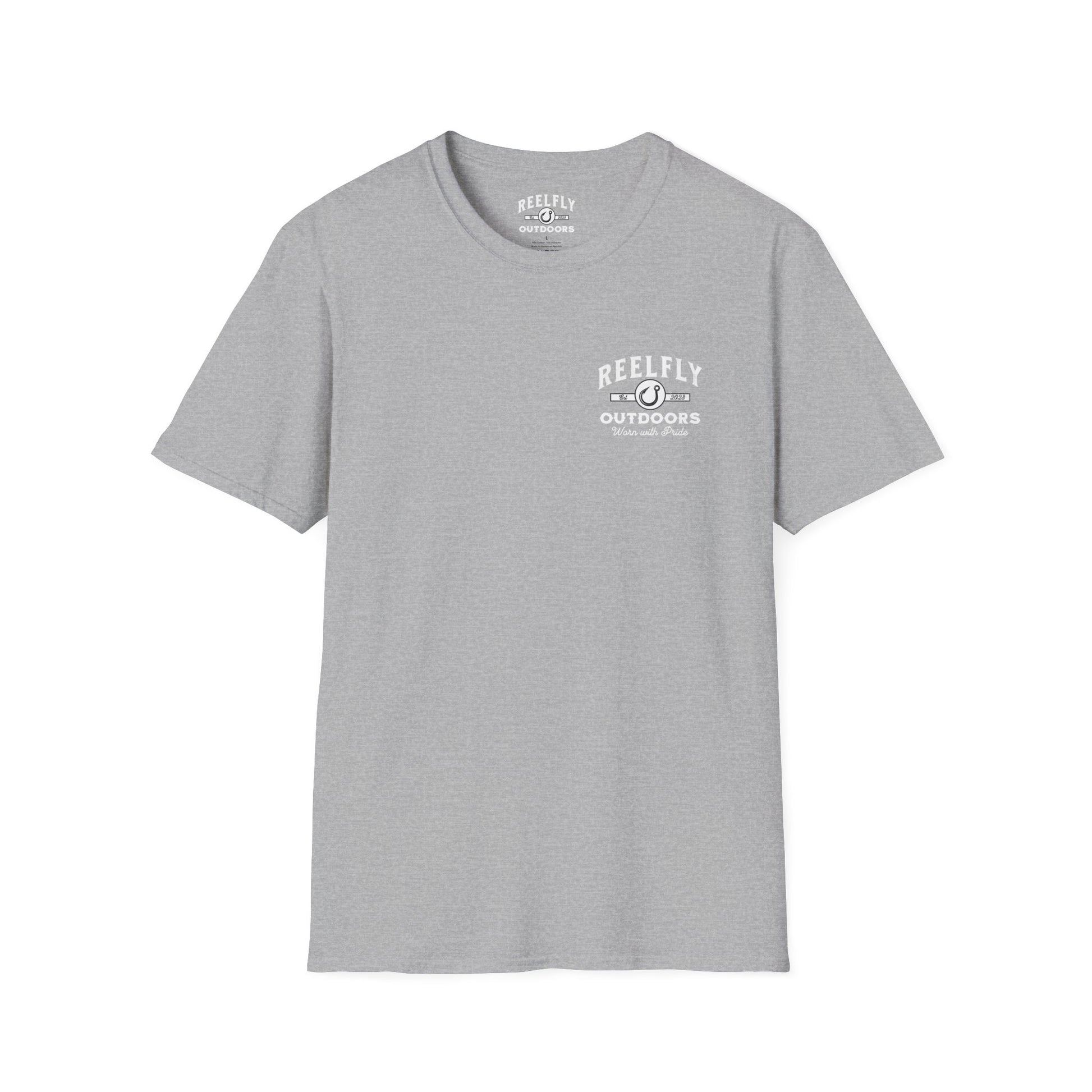 Front view of the Reelfly Outdoors Lake Hartwell T-Shirt in the color Sport Grey.