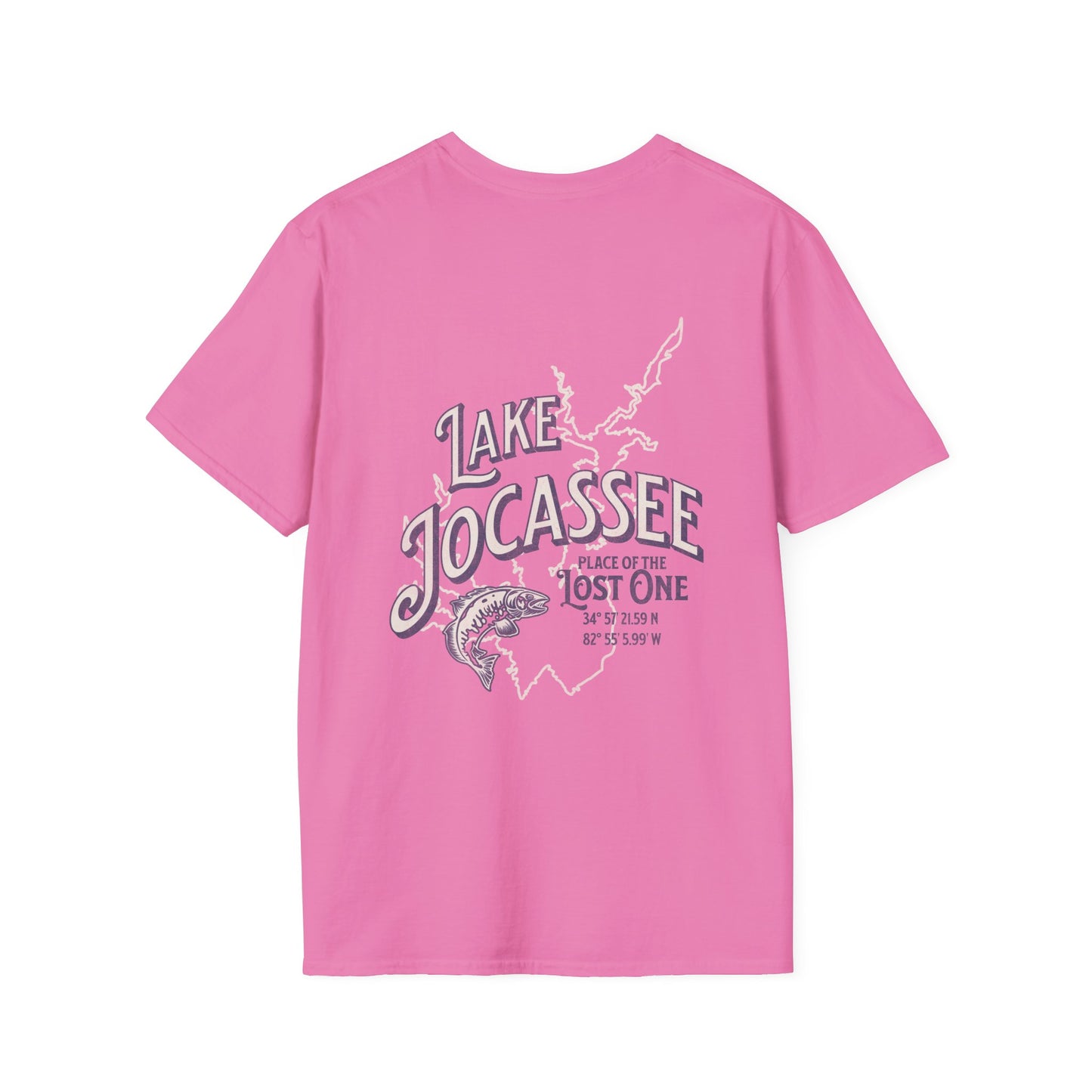 Back view of the Reelfly Outdoors Lake Jocassee T-Shirt in the color Azalea.