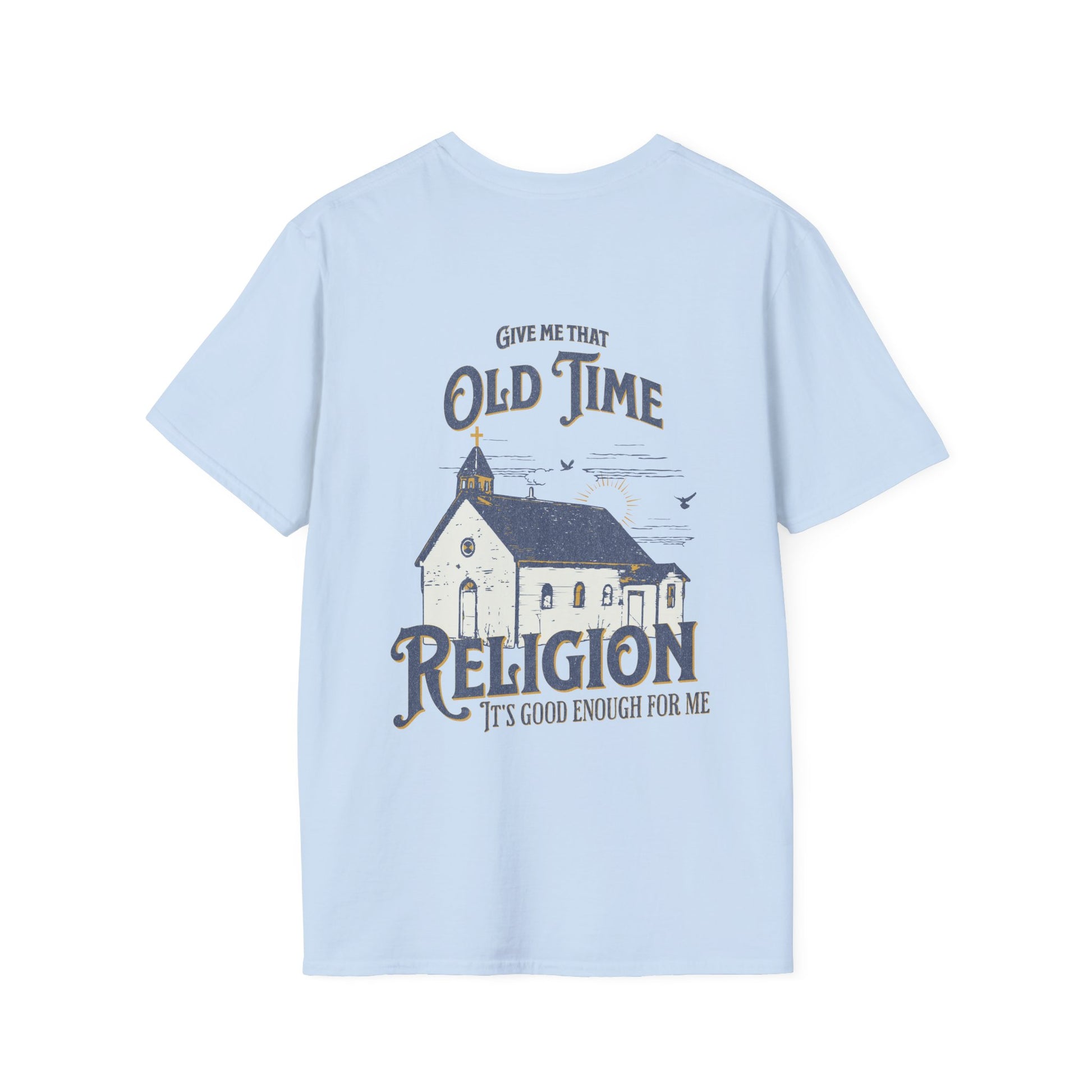 Back view of the Reelfly Outdoors Old Time Religion T-Shirt in the color Lignt Blue.