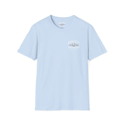 Front view of the Reelfly Outdoors Old Time Religion T-Shirt in the color Light Blue.