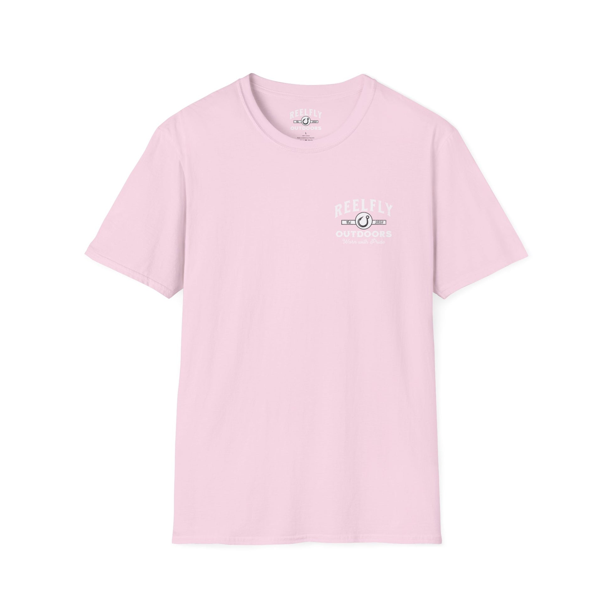 Front view of the Reelfly Outdoors Old Time Religion T-Shirt in the color Light Pink.