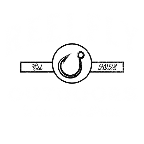 The Reelfly Outdoors transparent logo featuring fishing hook in center for web header.