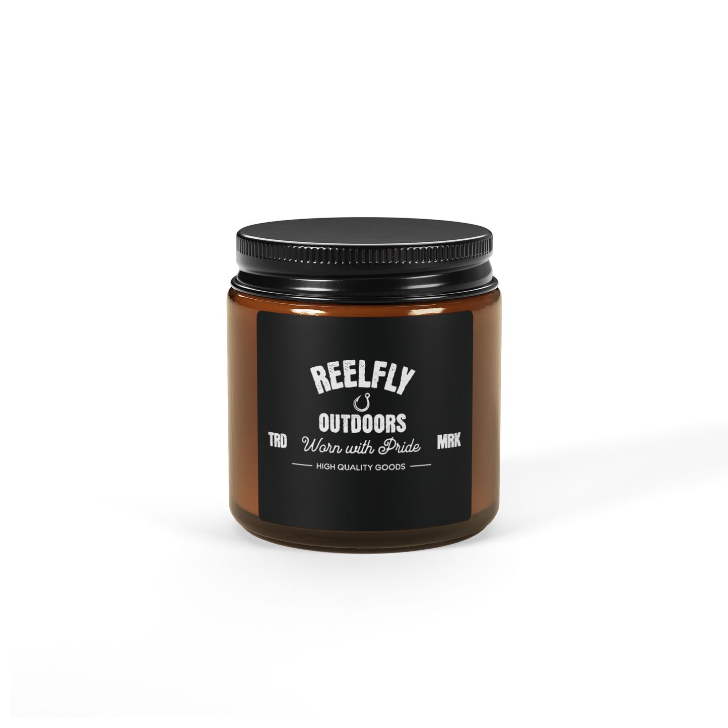 Front view of Reelfly Outdoors 4oz Trademark Candle with white background.