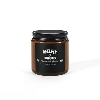 Front view of Reelfly Outdoors 4oz Trademark Candle with white background.