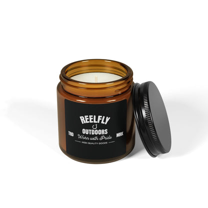 Top view of Reelfly Outdoors 4oz Trademark Candle with white background.