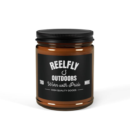 Front view of Reelfly Outdoors 9oz Trademark Candle with white background.