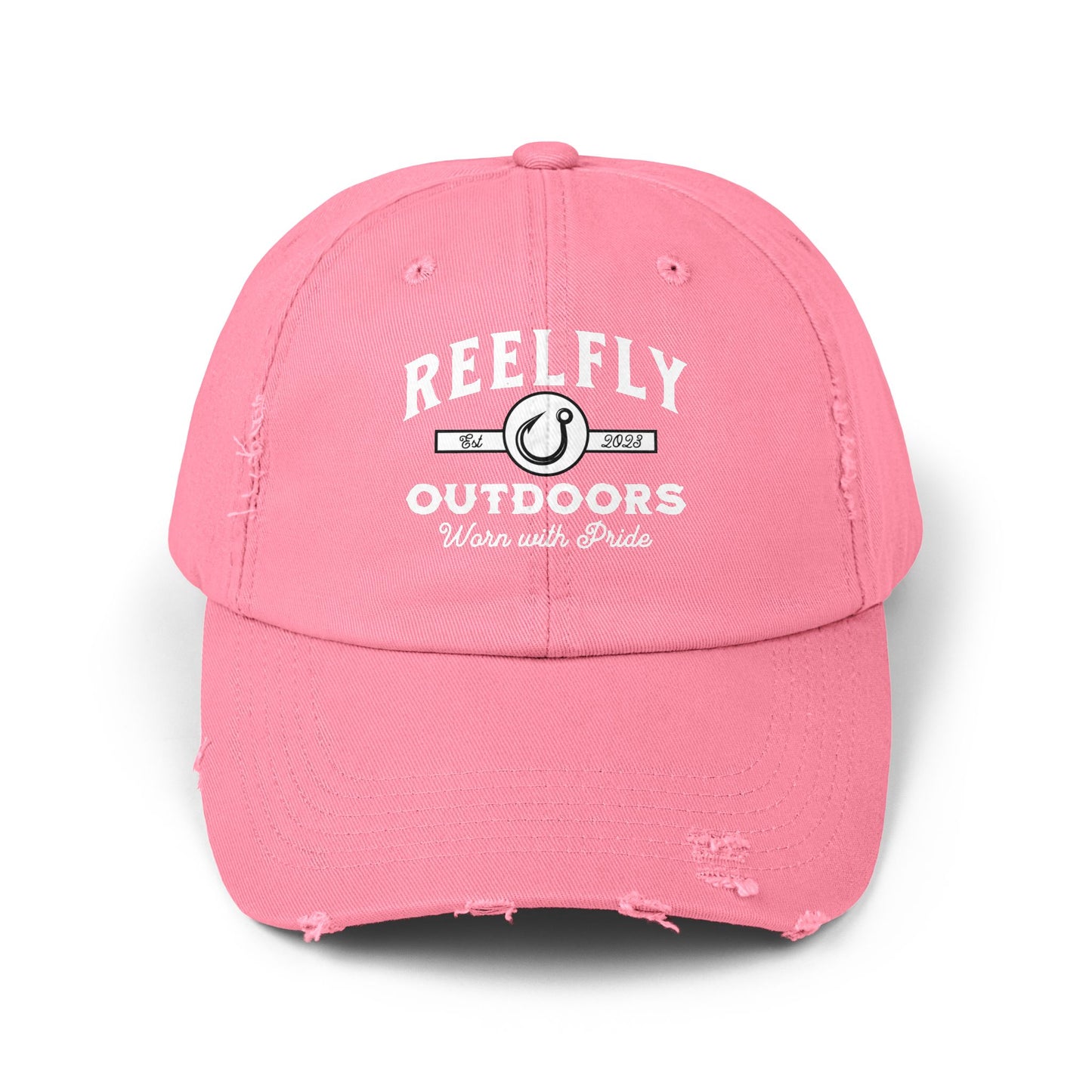 Front view of the Reelfly Outdoors Signature Hat in the color True Pink.