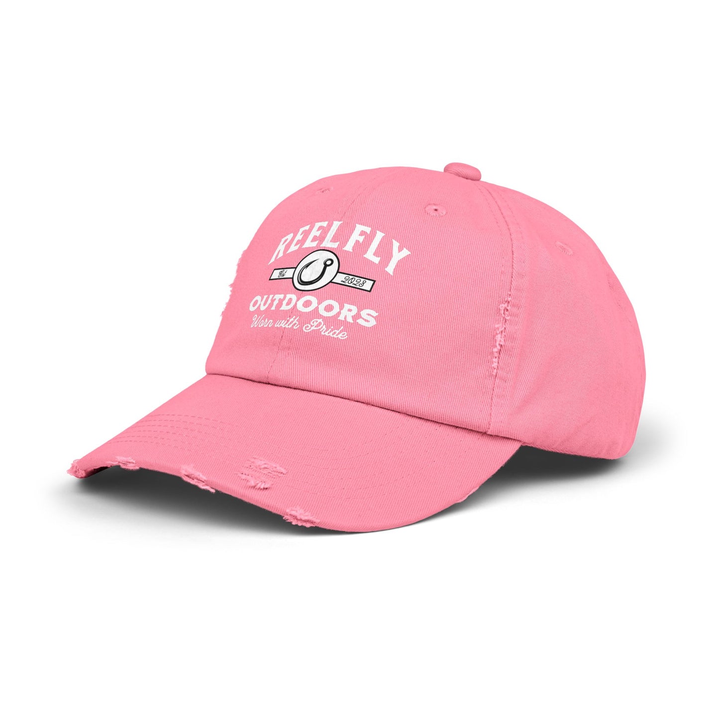 Side view of the Reelfly Outdoors Signature Hat in the color True Pink.